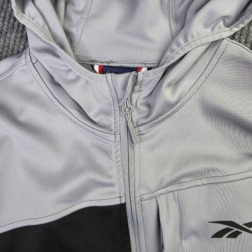 Reebok Track Jacket Mens L Black Gray Colorblock Spellout Hooded Zip Athleisure - Picture 6 of 13